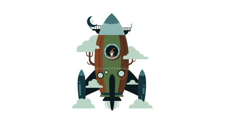 Whimsical fantasy rocket ship with house and nature elements.
