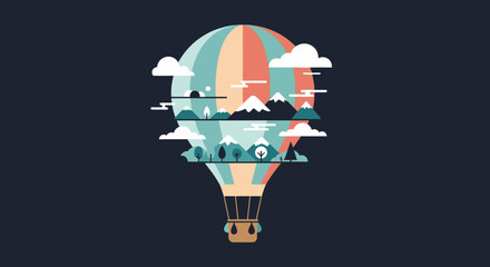 Whimsical Hot Air Balloon with Mountain Landscape and Cloudscape Design.