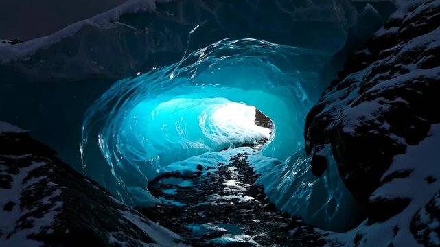 Vibrant blue ice cave tunnel with snow-covered rocky entrance
