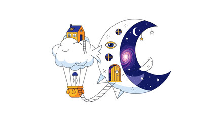Whimsical moon house with hot air balloon and cloud, dreamy illustration.