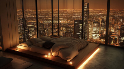 Cozy bedroom with city night view and warm lighting