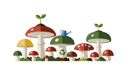 Whimsical Mushroom Patch with Recycling Symbol and Sprout.