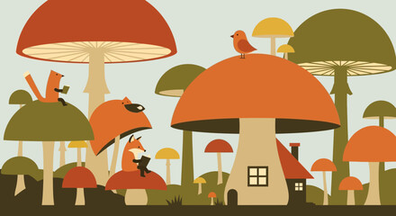 Whimsical Mushroom Village with Cute Foxes and Birds.