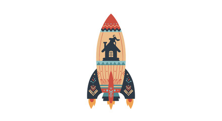 Whimsical Rocket Ship Illustration with Intricate Patterns and Retro Aesthetic.