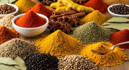 Vibrant variety of aromatic spices for culinary creations and exotic flavors, ideal for food blogs, recipe books, and healthy eating campaigns