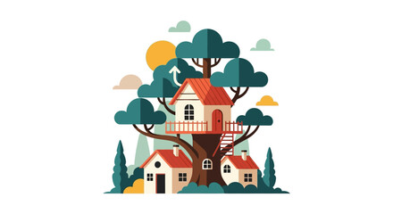 Whimsical treehouse illustration with charming houses and vibrant scenery.