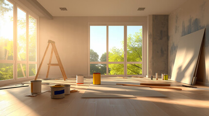Sunlit room under renovation with paint supplies and tools