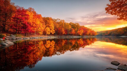 Autumn lake with colorful fall trees reflecting in calm water at sunset