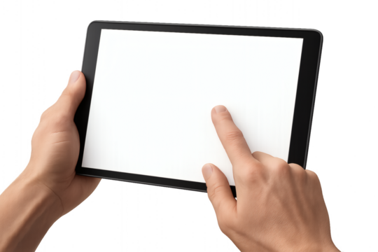 Hands Holding Black Tablet with Blank Screen on White Background – Touchscreen Device Mockup for App, UI, or Technology Presentation