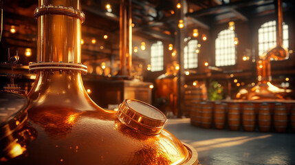 Copper brewing tanks in warm industrial brewery interior