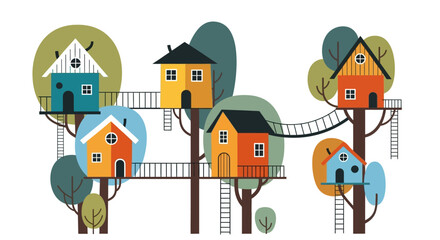 Whimsical Treehouse Village with Colorful Houses and Bridges.