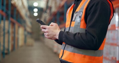 Phone, man and hands of logistics worker in warehouse with networking, communication or email on app. Technology, online and supply chain employee with contact for order confirmation with cellphone. - Powered by Adobe