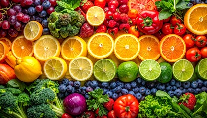 Assorted fresh fruits and vegetables arranged in colorful rows on dark surface creating vibrant and healthy food concept.