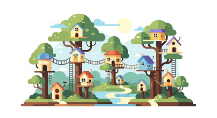 Whimsical Treehouse Village with Colorful Birdhouses and Bridges.