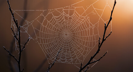 Halloween spider web on plant branch with warm light and copyspace, natural geometry with soft tones halloween, seasonal flatlay at dusk
