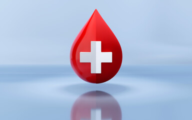 Obraz premium 3D rendering of blood drop with the medical cross symbol on color background, Donation, hematology and medicine concept