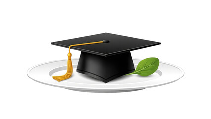 Black graduation cap with a golden tassel and a fresh green leaf served on a white plate, symbolizing education and nutrition.