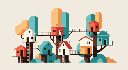 Whimsical Treehouse Village with Connecting Bridges and Ladders.