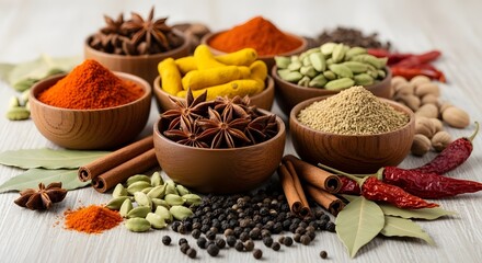 Vibrant assortment of spices and herbs displayed in wooden bowls creates a warm, inviting culinary experience perfect for cooking blogs