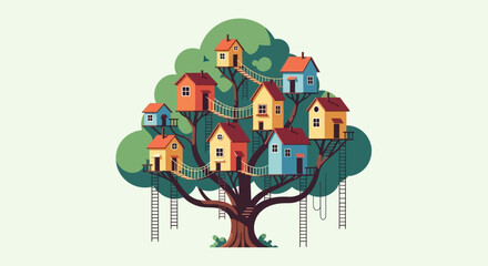 Whimsical Treehouse Village with Colorful Houses and Ladders.