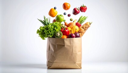 Fresh fruits and vegetables spilling out of a brown paper bag on a white surface, representing healthy eating and a vibrant lifestyle.