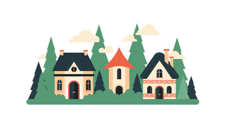 Whimsical Village Illustration - Charming Houses Amidst Evergreen Trees and Clouds.