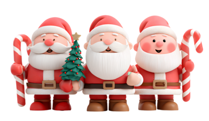 3d cartoon character design, three cute santa claus figures holding candy canes and a christmas tree in their hands, isolated on a Transparent background PNG