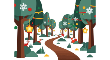 Winter wonderland path through a festive forest with decorated trees and glowing lanterns.