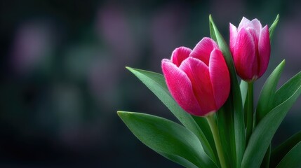 Obraz premium Two Red Tulips with Green Leaves and Dew Drops on Dark Background Close Up Still Life