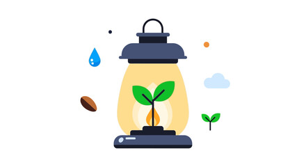Young green plant sprout growing inside a glowing lantern.