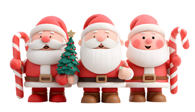 3d cartoon character design, three cute santa claus figures holding candy canes and a christmas tree in their hands, isolated on a Transparent background PNG