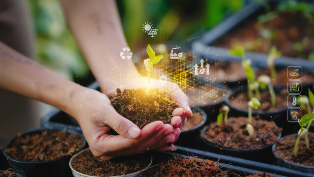 Caring hands cradle a glowing seedling, symbolizing the growth of sustainable, eco-friendly technology and a brighter, resource-efficient future for farming and the planet.