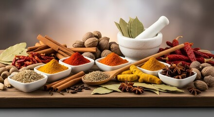 Exotic spices assortment for gourmet cooking inspiration and vibrant culinary creations on display for a food blog or cookbook recipe