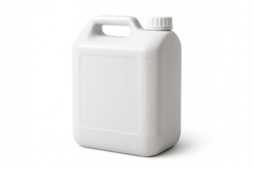 White Plastic Jerrycan on White Background – 5 Liter Empty Container with Handle and Screw Cap for Liquid Storage or Packaging Design Mockup