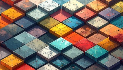 A vibrant array of colorful, textured cubes in a geometric pattern creates a visually engaging and dynamic design.