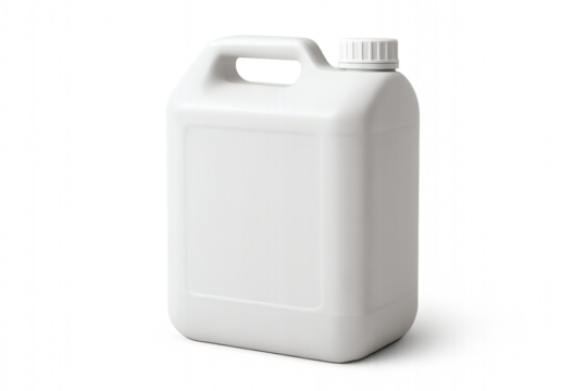 White Plastic Jerrycan on White Background – 5 Liter Empty Container with Handle and Screw Cap for Liquid Storage or Packaging Design Mockup