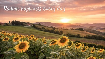 Vibrant sunflowers under a colorful sunset sky radiating happiness across a serene landscape of rolling hills