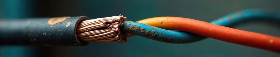 Exposed Electrical Wiring Close-Up of Damaged Insulation, Highlighting Electrical Hazards and the Urgent Need for Safety Inspections