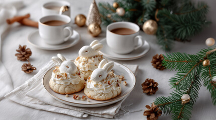 Fototapeta premium Easter Bunny Treats and Coffee: A festive still life captures the essence of Easter with delightful bunny-shaped pastries and aromatic coffee, evoking warmth and festive cheer.