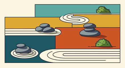 Zen Garden Illustration with Rocks and Raked Sand.