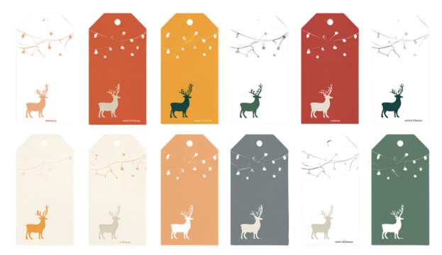 a set of christmas gift tags in various colors, each featuring an illustration of reindeer or lights. the tags have clear text areas and are arranged on Transparent background PNG - Powered by Adobe