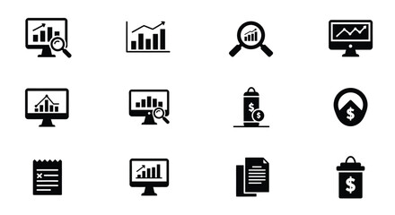 Collection of financial and data analysis icons in black and white