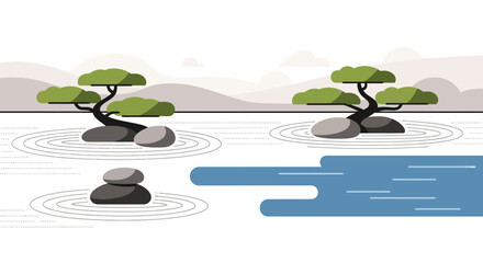 Zen Garden Serenity - Tranquil Stones and Bonsai Trees in Harmony.