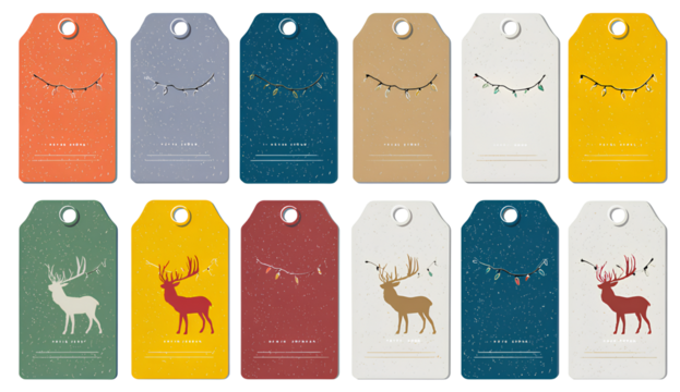 a set of christmas gift tags in various colors, each featuring an illustration of reindeer or lights. the tags have clear text areas and are arranged on Transparent background PNG