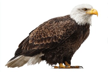 Fototapeta premium Majestic American bald eagle perched in a striking pose against a clean white background showcasing its impressive feathers and sharp beak
