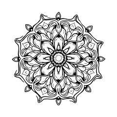 Ornate monochromatic symmetrical floral design element with intricate line work creates a delicate