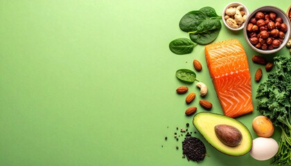 Selection of healthy foods arranged on bright green surface, showcasing fresh salmon, avocado, nuts, and spinach for balanced diet and wellness.