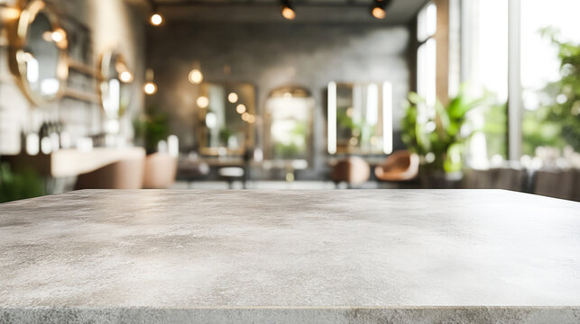 Concrete Countertop with Blurred Beauty Salon Background – Empty Studio Tabletop Mockup for Cosmetic Product Presentation