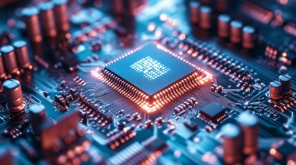 Shiny futuristic microprocessor illuminated with neon lights on a circuit board, representing AI, advanced computing, artificial intelligence, data processing, modern electronics and technology