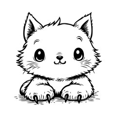 Playful cartoon kitten illustration in expressive black and white vector format captures whimsical